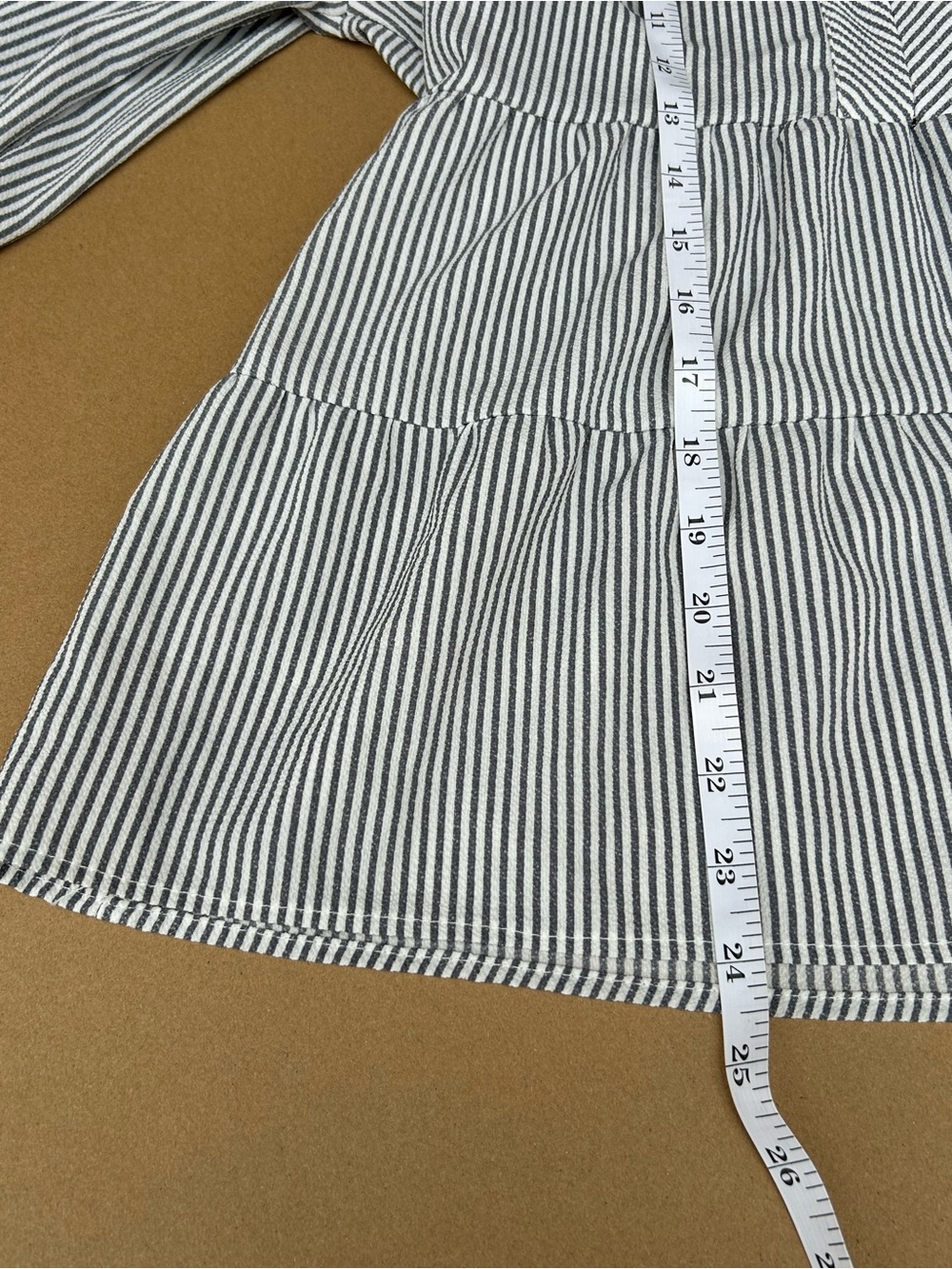 Monteau Peplum Stripped Blouse Ruffle Neck Long Sleeve v-neck Medium Grey White - Picture 8 of 8